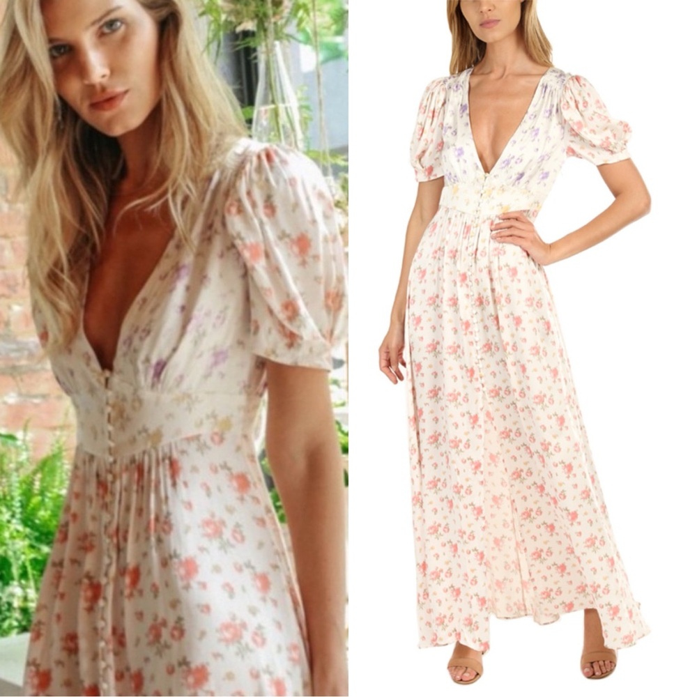 LoveShackFancy Floral Maxi Dress - Pink and Cream